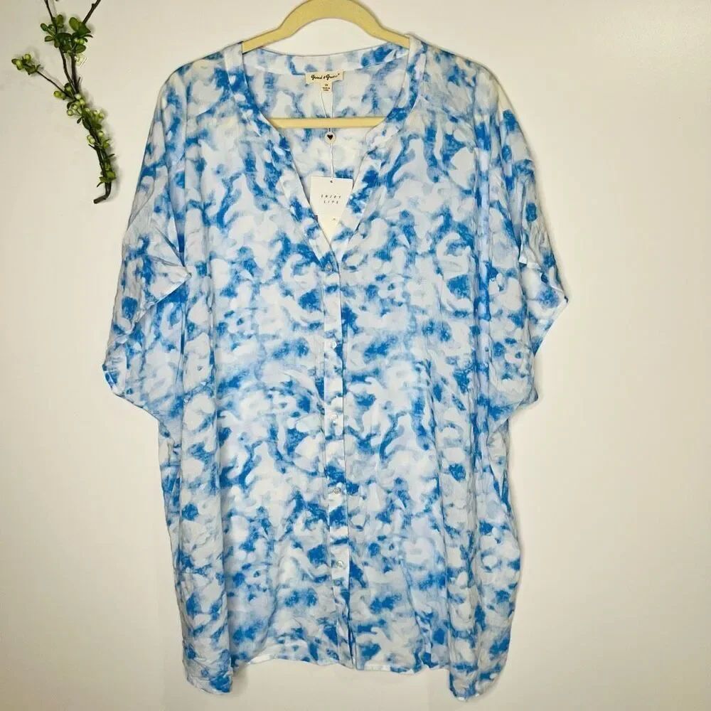 Grand & Greene Blue White Button Up Collared Shirt Coverup NWT Plus